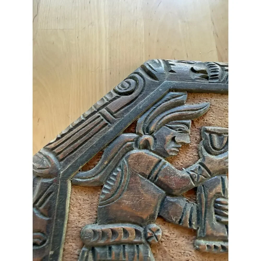 VINTAGE Guatemala Mayan Carved Wood Wall Plaque Folk Art 14.5 Hanging Decor Wall